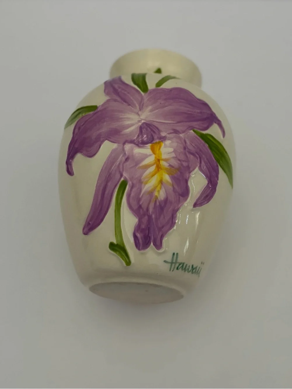 Vintage Hand-Painted Ceramic Vase Purple & Yellow Iris Aloha Designs Hawaii 6”